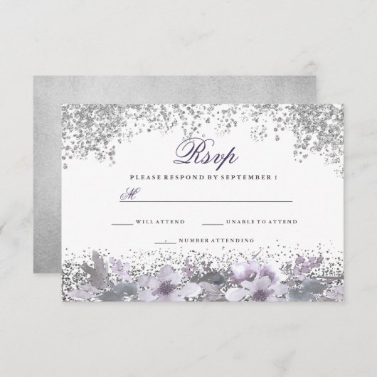 Silver Glitter Floral Paars Wedding RSVP (Voorkant / Achterkant)