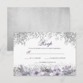 Silver Glitter Floral Paars Wedding RSVP Kaartje (Voorkant / Achterkant)