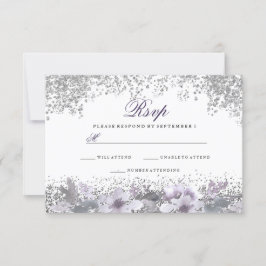 Silver Glitter Floral Paars Wedding RSVP Kaartje