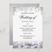 Silver Glitter Floral Paars Wedding Uitnodiging (Voorkant / Achterkant)