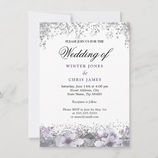 Silver Glitter Floral Paars Wedding Uitnodiging (Voorkant)