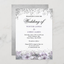 Silver Glitter Floral Paars Wedding Uitnodiging