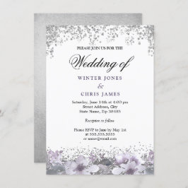 Silver Glitter Floral Paars Wedding Uitnodiging