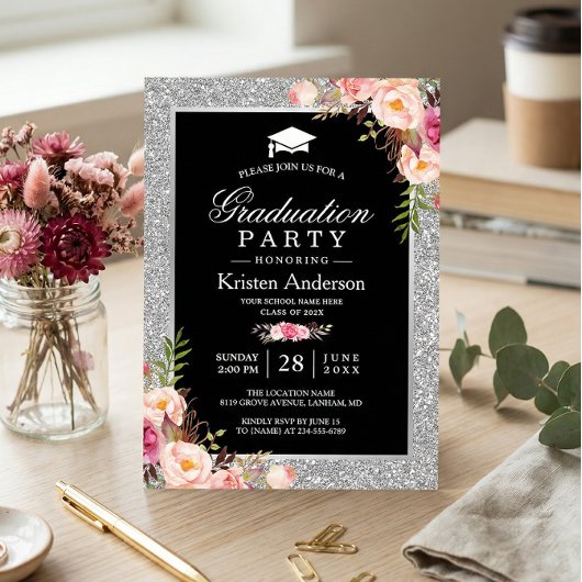 Silver Glitter Floral Photo Graduparty Kaart