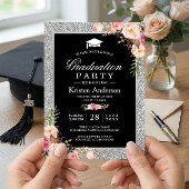 Silver Glitter Floral Photo Graduparty Kaart