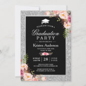Silver Glitter Floral Photo Graduparty Kaart (Voorkant)