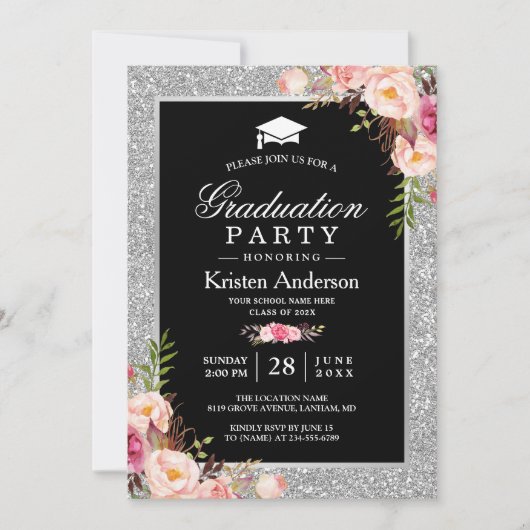 Silver Glitter Floral Photo Graduparty Kaart (Voorkant)