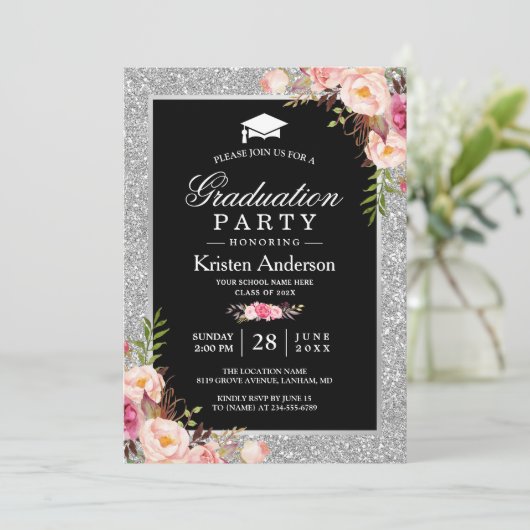 Silver Glitter Floral Photo Graduparty Kaart (Staand voorkant)