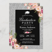 Silver Glitter Floral Photo Graduparty Kaart (Voorkant / Achterkant)