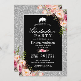 Silver Glitter Floral Photo Graduparty Kaart