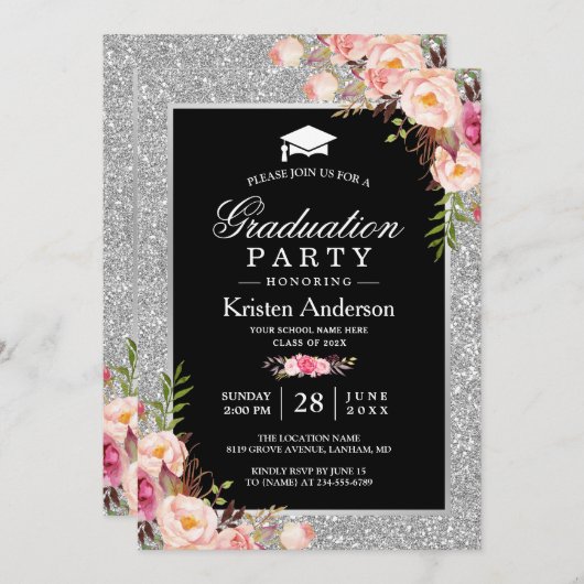 Silver Glitter Floral Photo Graduparty Kaart (Voorkant / Achterkant)
