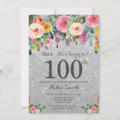Silver Glitter Floral Surprise 100th Birthday Kaart (Voorkant)