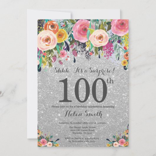 Silver Glitter Floral Surprise 100th Birthday Kaart (Voorkant)