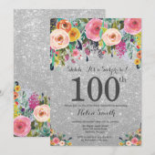 Silver Glitter Floral Surprise 100th Birthday Kaart (Voorkant / Achterkant)