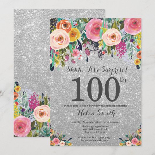 Silver Glitter Floral Surprise 100th Birthday Kaart (Voorkant / Achterkant)