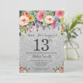 Silver Glitter Floral Surprise 13th Birthday Kaart (Staand voorkant)