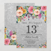 Silver Glitter Floral Surprise 13th Birthday Kaart (Voorkant / Achterkant)