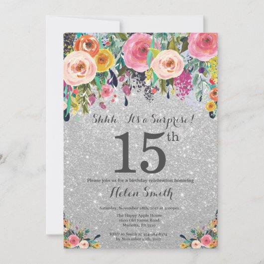 Silver Glitter Floral Surprise 15th Birthday Kaart (Voorkant)