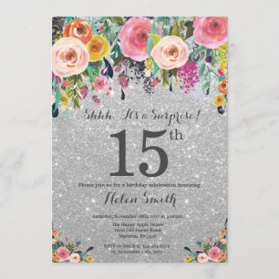 Silver Glitter Floral Surprise 15th Birthday Kaart