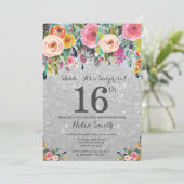 Silver Glitter Floral Surprise 16th Birthday Kaart (Staand voorkant)