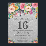 Silver Glitter Floral Surprise 16th Birthday Kaart<br><div class="desc">Silver Glitter Floral Surprise 16th Birthday Invitation for Girl. Waterverf Floral Flower. Silver Glitter Background Roze, geel, Oranje, Paars ventilator. Volwassen verjaardag. 13e 15e 16e 18e 21e 30e 40e 50e 60e 70e 90e 100e, Alle leeftijden. Voor verdere aanpassing, te klikken gelieve de knoop "van de Aanpassing het"en ons ontwerphulpmiddel te...</div>