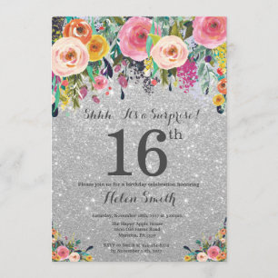 Silver Glitter Floral Surprise 16th Birthday Kaart