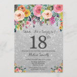 Silver Glitter Floral Surprise 18th Birthday Kaart<br><div class="desc">Silver Glitter Floral Surprise 18th Birthday Invitation for Women. Waterverf Floral Flower. Silver Glitter Background Roze, geel, Oranje, Paars ventilator. Volwassen verjaardag. 13e 15e 16e 18e 21e 30e 40e 50e 60e 70e 90e 100e, Alle leeftijden. Voor verdere aanpassing, te klikken gelieve de knoop "van de Aanpassing het"en ons ontwerphulpmiddel te...</div>