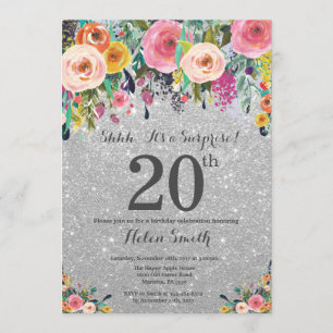 Silver Glitter Floral Surprise 20th Birthday Kaart
