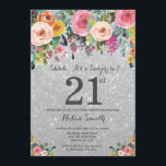 Silver Glitter Floral Surprise 21e verjaardag Kaart<br><div class="desc">Silver Glitter Floral Surprise 21e verjaardag uitnodiging voor vrouwen. Waterverf bloemen. Zilveren glitter achtergrond. Roze, geel, Oranje, Paarse bloem. Verjaardag voor volwassenen. 13e 15e 16e 18e 20e 21e 30e 40e 50e 60e 70e 80e 90e 100e, Alle leeftijden. Voor verdere aanpassing klikt u op de knop "Aanpassen" en gebruikt u onze...</div>