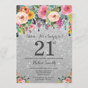 Silver Glitter Floral Surprise 21st Birthday Kaart