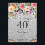 Silver Glitter Floral Surprise 40th Birthday Kaart<br><div class="desc">Silver Glitter Floral Surprise 40th Birthday Invitation for Women. Waterverf Floral Flower. Silver Glitter Background Roze, geel, Oranje, Paars ventilator. Volwassen verjaardag. 13e 15e 16e 18e 21e 30e 40e 50e 60e 70e 90e 100e, Alle leeftijden. Voor verdere aanpassing, te klikken gelieve de knoop "van de Aanpassing het"en ons ontwerphulpmiddel te...</div>