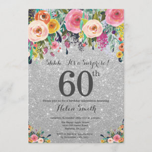 Silver Glitter Floral Surprise 60th Birthday Kaart