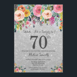 Silver Glitter Floral Surprise 70e verjaardag Kaart<br><div class="desc">Silver Glitter Floral Surprise 70th Birthday Invitation voor vrouwen. Waterverf bloemen. Zilveren glitter achtergrond. Roze, geel, Oranje, Paarse bloem. Verjaardag voor volwassenen. 13e 15e 16e 18e 20e 21e 30e 40e 50e 60e 70e 80e 90e 100e, Alle leeftijden. Voor verdere aanpassing klikt u op de knop "Aanpassen" en gebruikt u onze...</div>