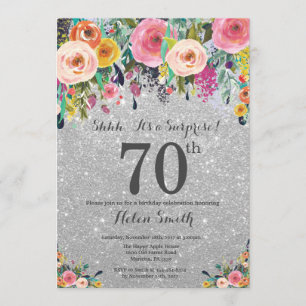 Silver Glitter Floral Surprise 70th Birthday Kaart