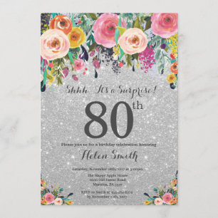 Silver Glitter Floral Surprise 80th Birthday Kaart