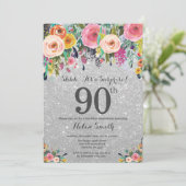 Silver Glitter Floral Surprise 90th Birthday Kaart (Staand voorkant)