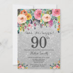 Silver Glitter Floral Surprise 90th Birthday Kaart<br><div class="desc">Silver Glitter Floral Surprise 90th Birthday Invitation for Women. Waterverf bloem. Silver Glitter Background Roze, geel, Oranje, Paars ventilator. Volwassen verjaardag. 13e 15e 16e 18e 21e 30e 40e 50e 60e 70e 90e 100e, Alle leeftijden. Voor verdere aanpassing, te klikken gelieve de knoop "van de Aanpassing het"en ons ontwerphulpmiddel te gebruiken...</div>