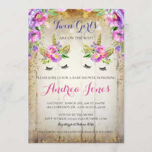 Silver Glitter Floral Unicorn Baby shower Invite Kaart
