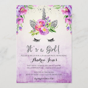 Silver Glitter Floral Unicorn Baby shower Invite Kaart