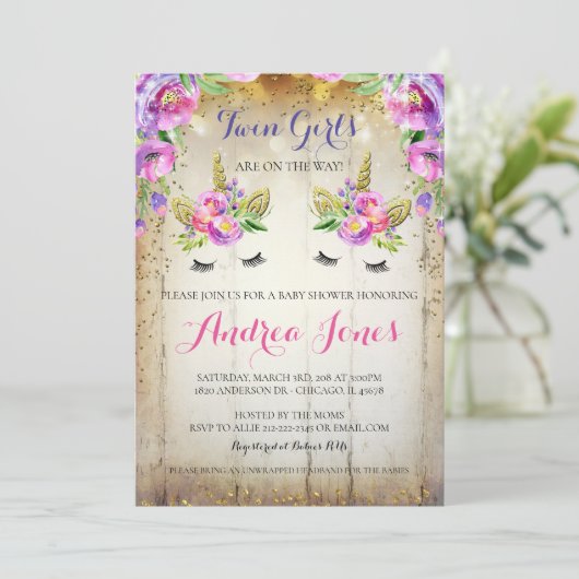 Silver Glitter Floral Unicorn Baby shower Uitnodig Kaart (Staand voorkant)