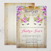 Silver Glitter Floral Unicorn Baby shower Uitnodig Kaart (Voorkant / Achterkant)