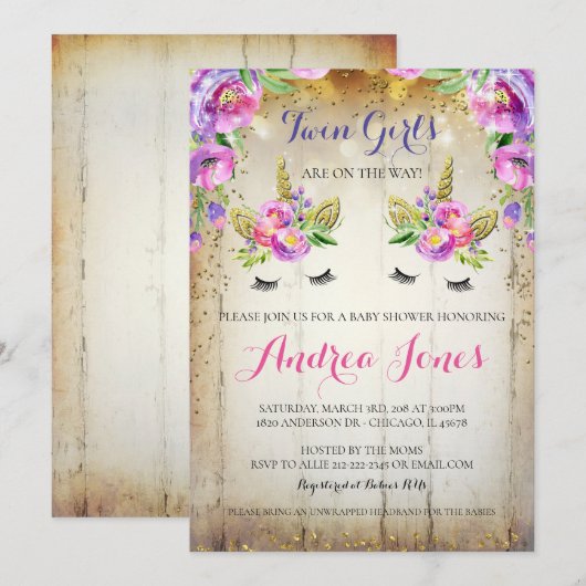 Silver Glitter Floral Unicorn Baby shower Uitnodig Kaart (Voorkant / Achterkant)