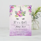 Silver Glitter Floral Unicorn Baby shower Uitnodig Kaart (Staand voorkant)