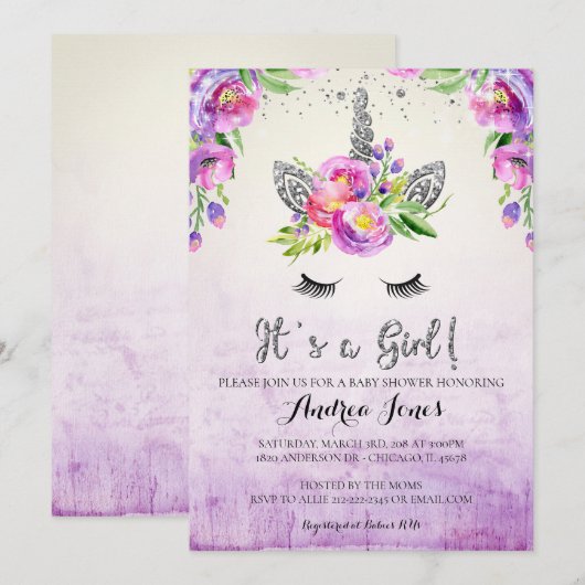 Silver Glitter Floral Unicorn Baby shower Uitnodig Kaart (Voorkant / Achterkant)