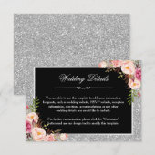 Silver Glitter Floral Wedding Details Ontvangen Informatiekaartje (Voorkant / Achterkant)
