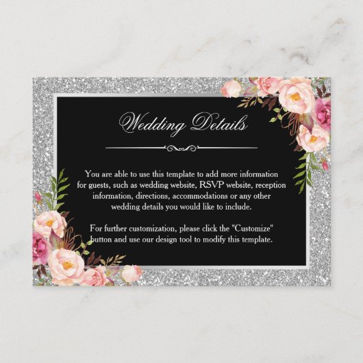 Silver Glitter Floral Wedding Details Ontvangen Informatiekaartje (Voorkant)