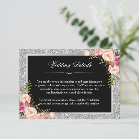 Silver Glitter Floral Wedding Details Ontvangen Informatiekaartje (Staand voorkant)