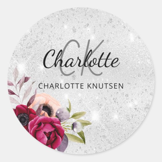 Silver glitter florals burgundy monogram ronde sticker (Voorkant)