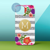 Silver Glitter, Flowers, Stripes, Gold Monogram Case-Mate iPhone Case