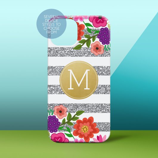 Silver Glitter, Flowers, Stripes, Gold Monogram Case-Mate iPhone Case